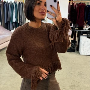 Maglione marrone crop con frange gl